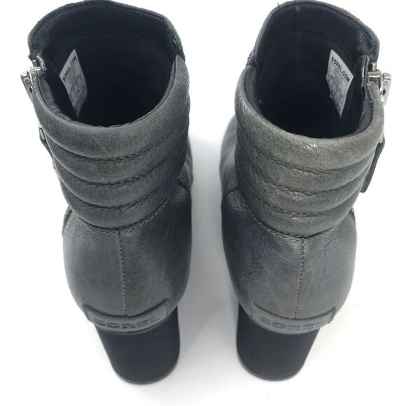 Sorel DANICA Gray Leather Zip Side Block Heel Chunky Moto Style Ankle Boots - Picture 11 of 16